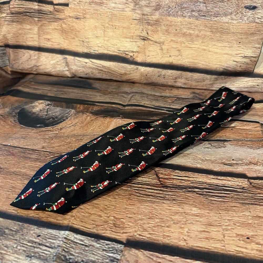 St Nicks Tie Shop Christmas Necktie Mens 100% Silk Santa Golfing Novelty Black
